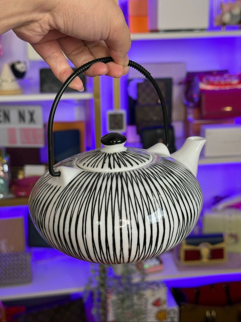 Pier One Akina Black & White Stripe With Lid Metal Handle  Japanese Style